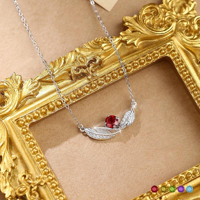 S925 sterling silver natural stone necklace women's fashion versatile collarbone chain ins wind feather pendant fashion gift