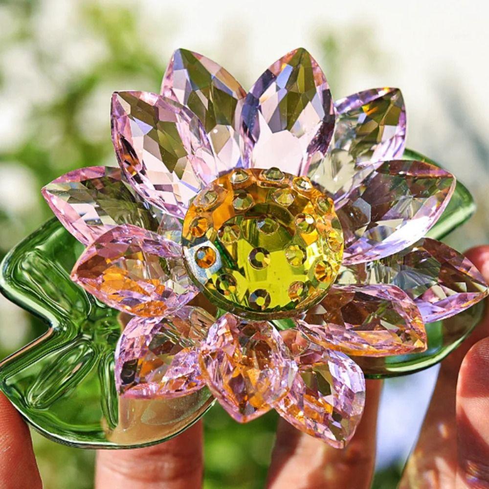Decorative Glass Flowers Ornament Suncatcher Mini Lotus Crystal Statue Cabinet