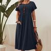 Women's Long Solid Color Round Neck Pocket Pleated Short Sleeved Cotton Linen Casual Dresses