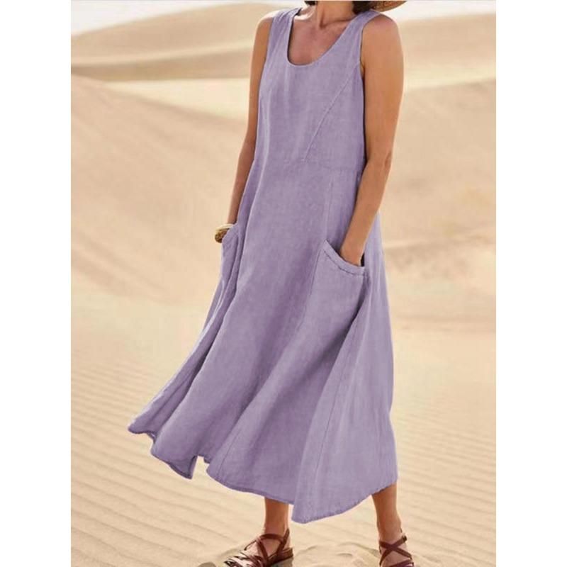 Summertime Pocket Sleeveless Round Neck Women Cotton and Linen Dress