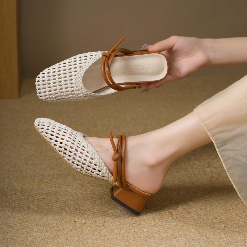 Мягкие Меховые Плетеные Дышащие Сандалии Новые Квадратный Носок Мелкий Вырез Плетеные Баотоу Полушлепанцы для Женской Летней Обуви