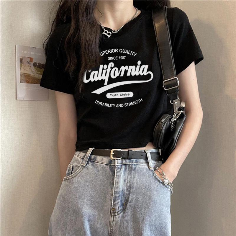 Women's Slim Fit White Letter Cotton T-Shirt - 2024 Summer Trend