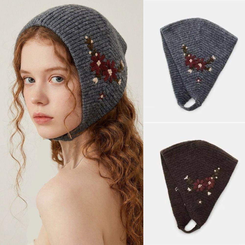 Retro Round Top Cap Warm Earflap Hat Wool Headscarf Crochet Flower Turban Scarf Accessories