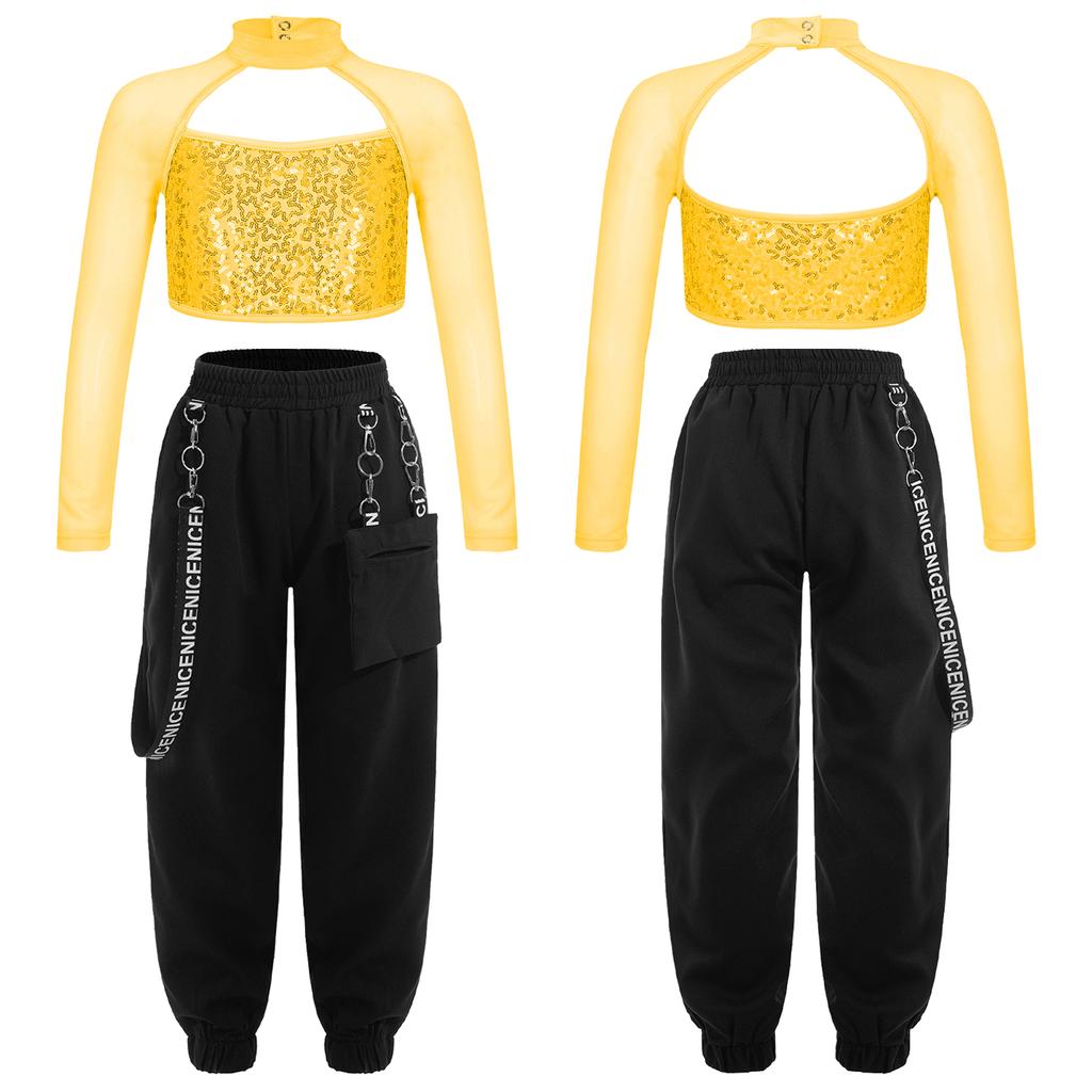 Kids Girls Casual Outfits Long Sleeve Mock Neck Crop Top with Elastic Waistband Pants for Hip-hop Street Dance