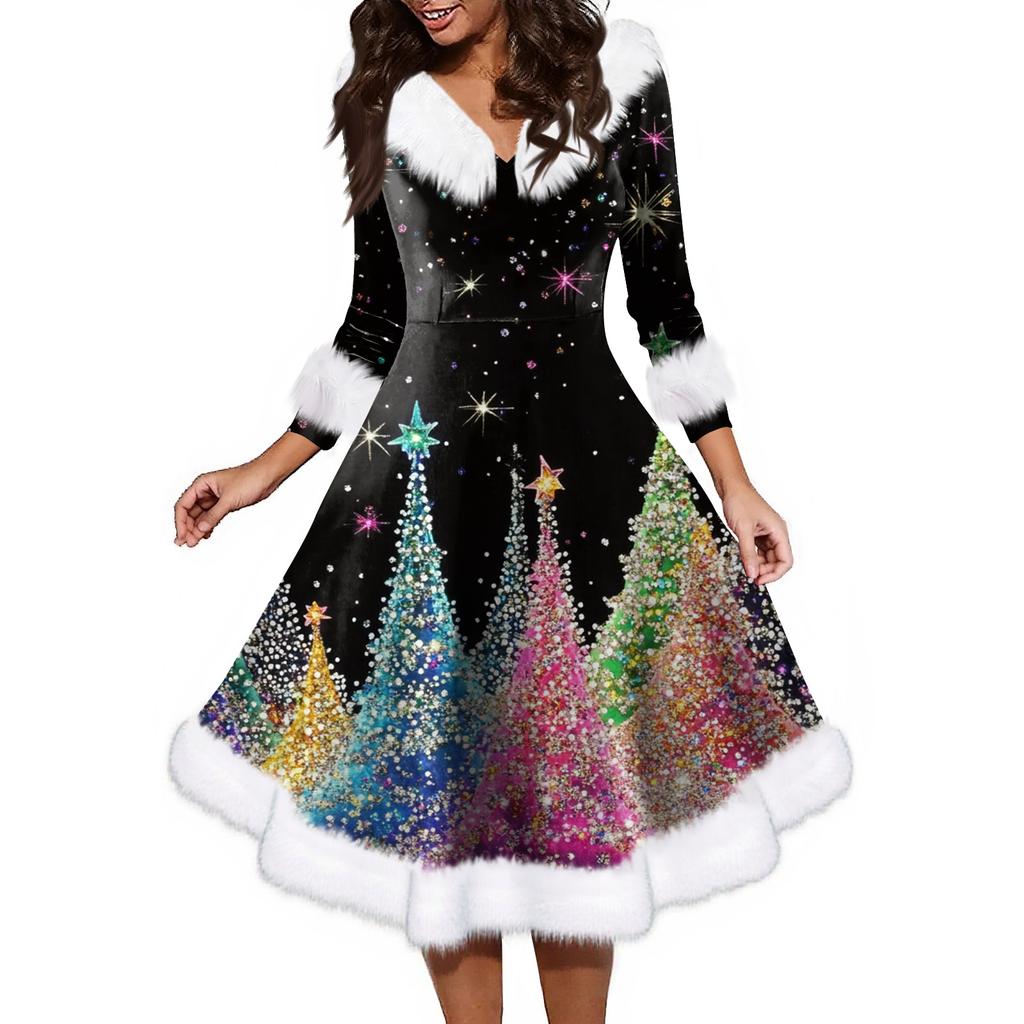 Женское модное повседневное платье с v-образным вырезом и рождественским принтом для вечеринки с длинными рукавами