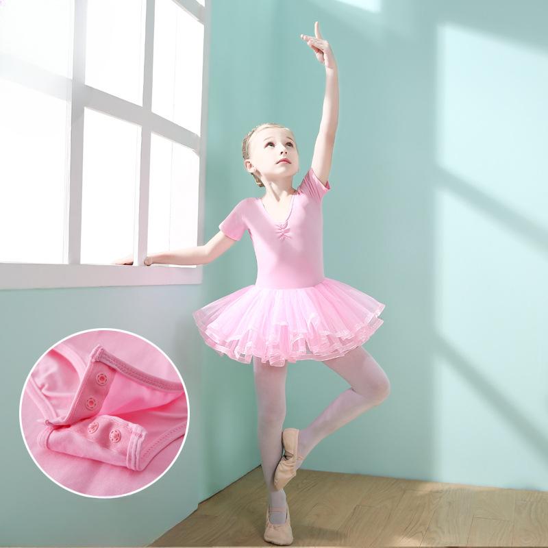 Детская танцевальная одежда из хлопка с коротким рукавом, балетные юбки для девочек, тренировочная одежда для маленьких девочек, юбки из розового газа, юбки-пачки