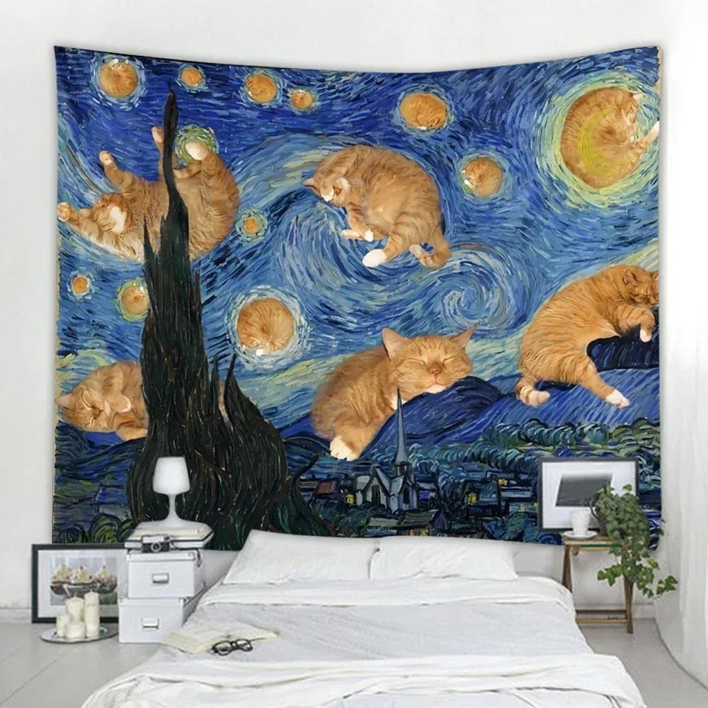Cute Cat Tapestry Hippie Starry Night Tapestry Fantasy Kitten Playing With Butterfly Nebula Galaxy Artwork Galaxy Space