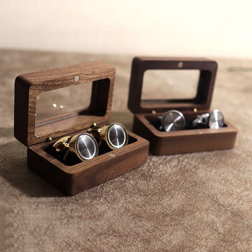 Rectangular Black Walnut Cufflinks Box Double Slot Jewelry Ring Holder Wooden Ring Box Couples