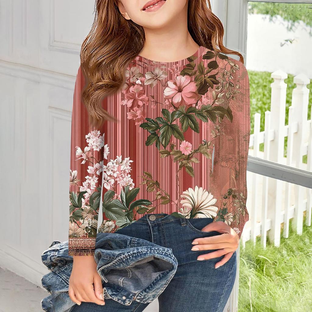 Футболки с длинным рукавом для девочек, детские осенние топы с круглым вырезом и принтом, базовые футболки для детей 5–14 лет