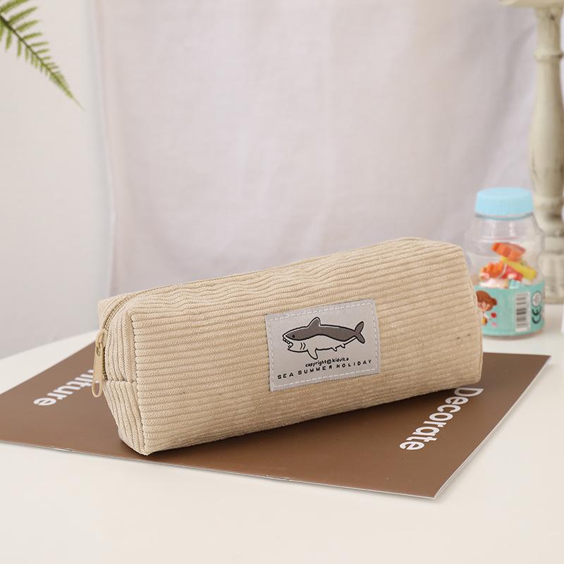 Cute Corduroy Pencil Case Little Shark Embroidery Pen Bag Pouch Gift for Girls&Kids School Office Stationery Organizer Supplies