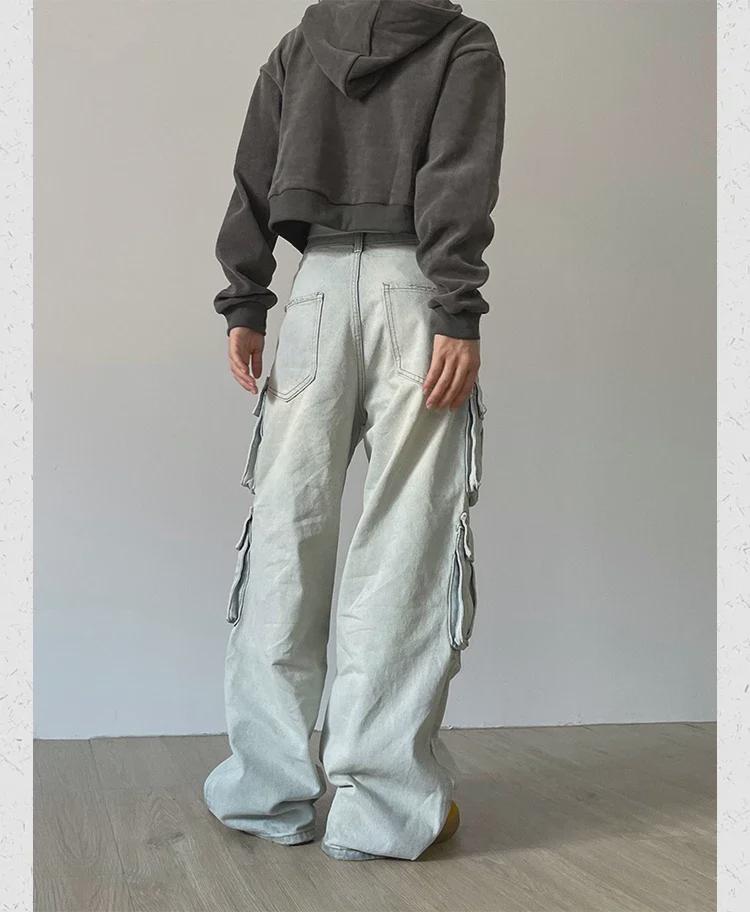 Women's Autumn Retro Straight-Leg Multi-Pocket Washed Jeans In Street-Style Casual Fit