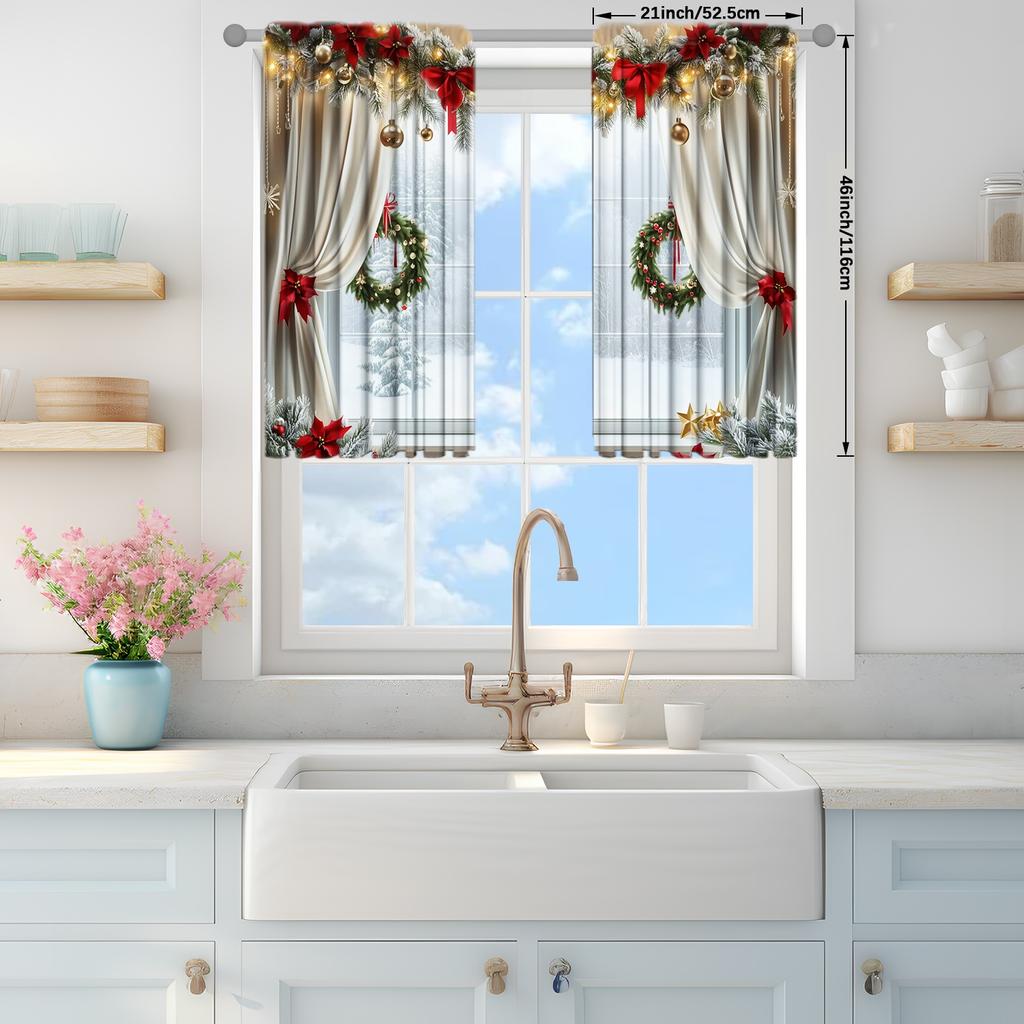 2pcs Windows with A Christm Printed Curtain for Christmas Home Decor - Rod Pocket Window Treatment for Bedroom, Office, Kitchen