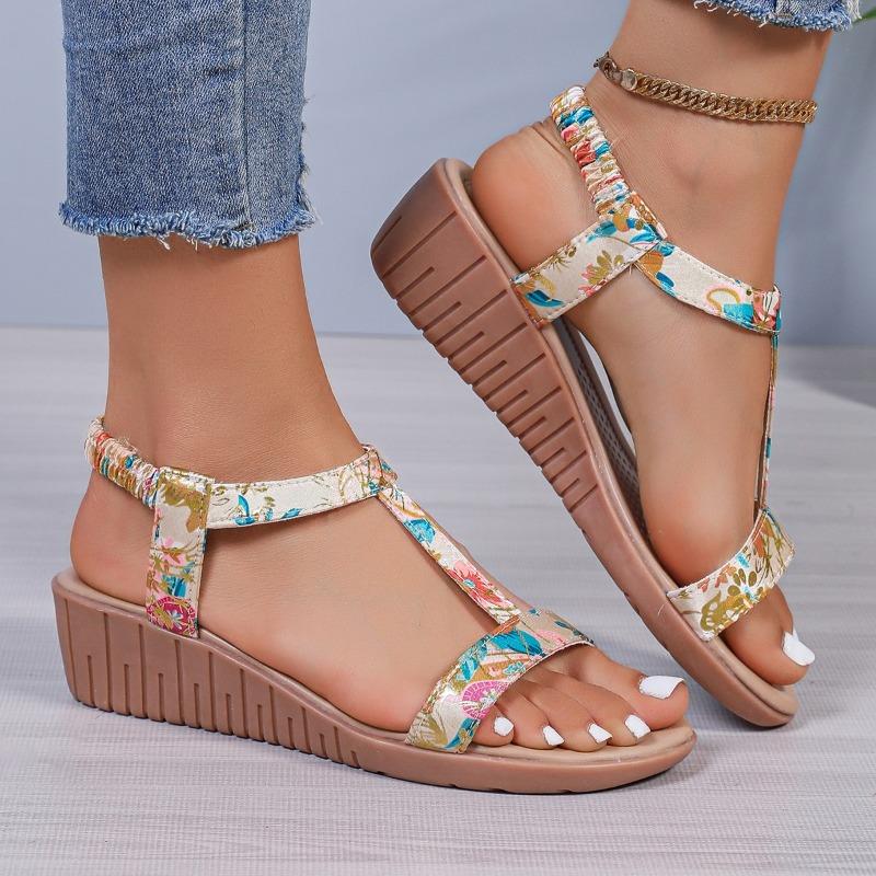 Women's Fashion Wedge Sandals Summer New Round Head Shallow Hollow-cut Breathable Fine Belt Printed Thick Heel Shoes