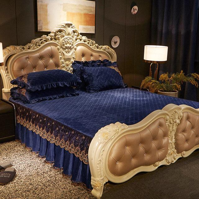 Европейский роскошный бархатный комплект покрывал, кружевная юбка с рюшами, покрывало для односпальной двуспальной кровати, стеганая толстая простыня King Queen, 3 шт.