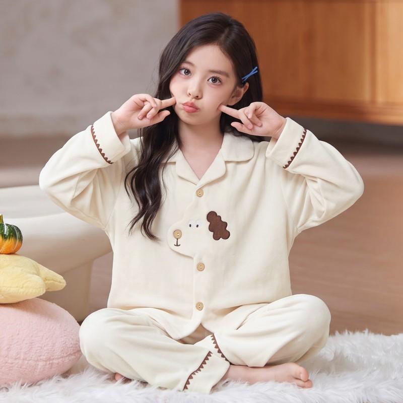 Girls Winter Pajama Set Long Sleeve Cartoon Print Soft Warm Fleece Sleepwear Kids 8 Years Home Wear