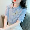 Женская блузка-кардиган большого размера, летняя рубашка-поло с воротником-стойкой, свободная повседневная рубашка из чистого хлопка с вышивкой, элегантный топ с пуговицами для женщин с коротким рукавом