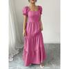 Summer Vacation Solid Color Maxi Dress Square Neck Puff Short Sleeve Tiered Ruffle High Waist Casual Long Beach Holiday Dress