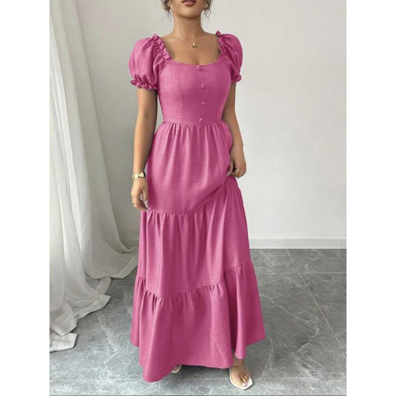 Summer Vacation Solid Color Maxi Dress Square Neck Puff Short Sleeve Tiered Ruffle High Waist Casual Long Beach Holiday Dress