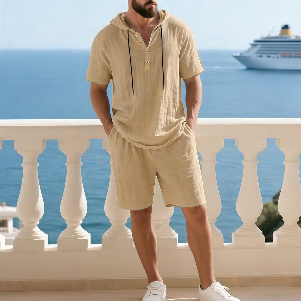 Men Solid Color Loose Hooded Short Sleeve Shorts Casual Two Piece Set