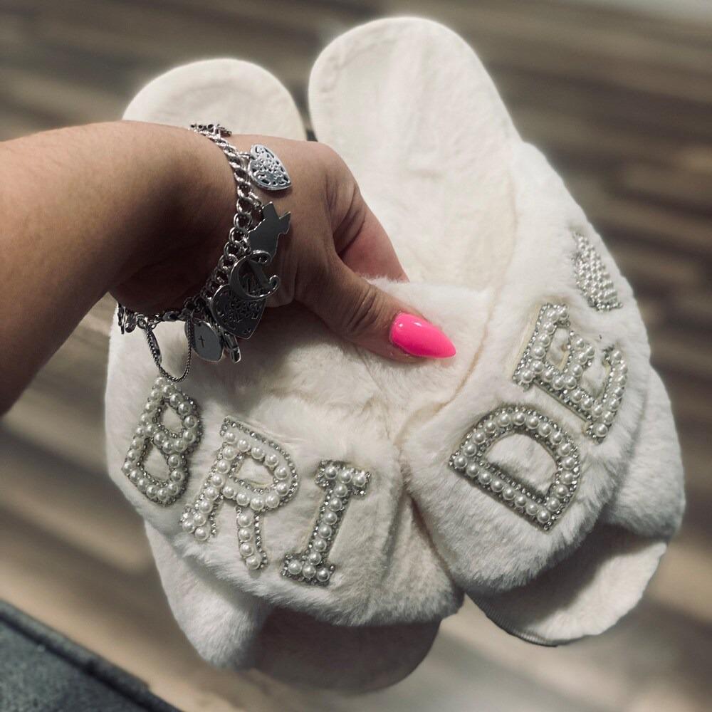 Pearl Letter MRS Plush Cross-Band Slippers for Bridesmaids