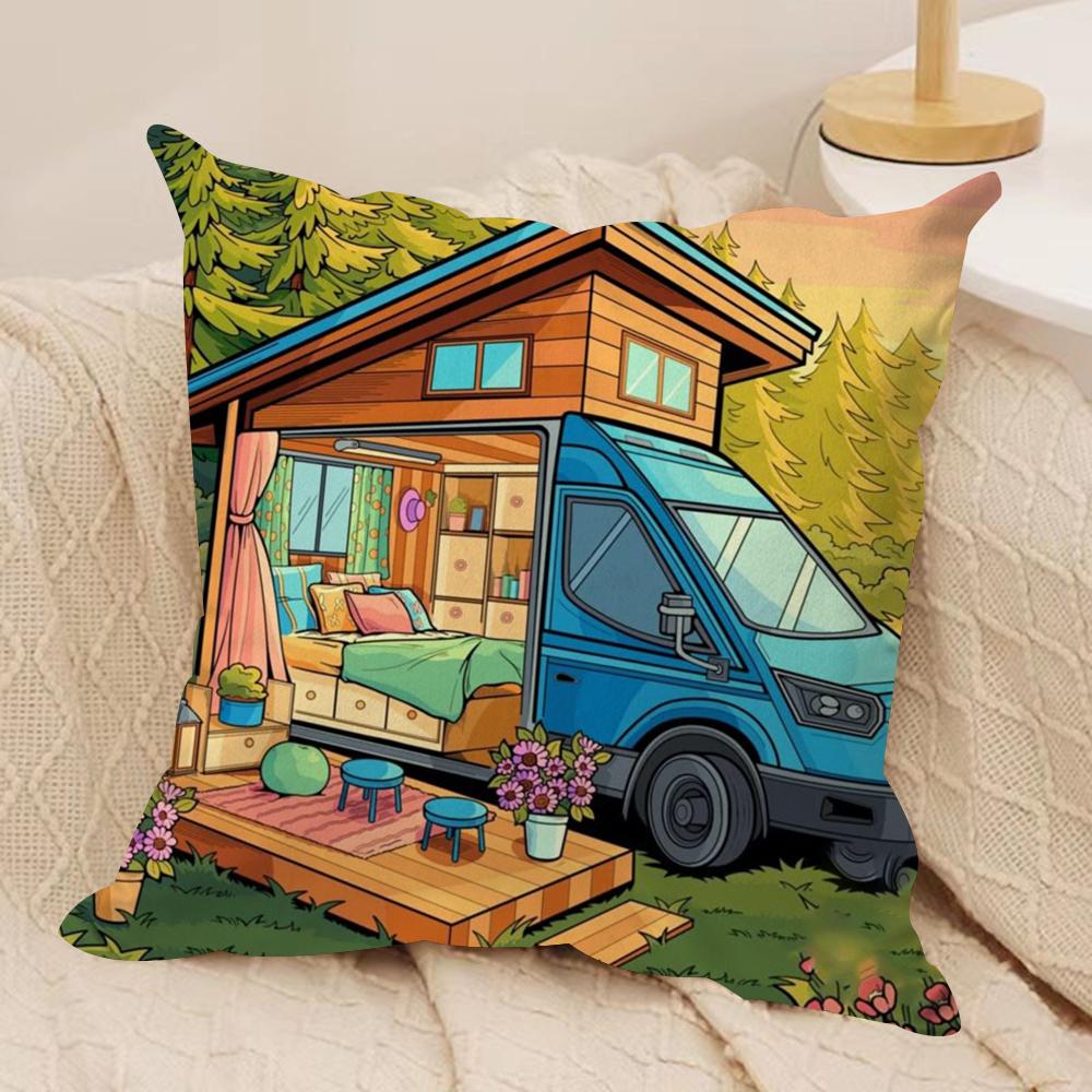 Happy Camper House Cushion Cover Soft Plush Throw Pillow Cover DoubleSided Decorative Cushion Case Sofa Bedroom Home Decor