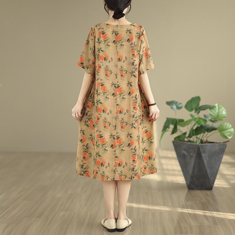 Платье с круглым вырезом и короткими рукавами из хлопка и льна с принтом, женская летняя новая одежда 2025 года, темпераментная мама, средняя и длинная юбка А-образного силуэта