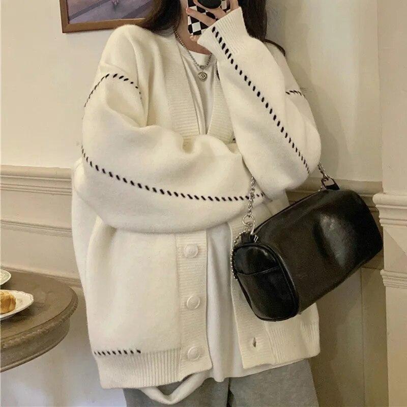Осенний свободный кардиган с v-образным вырезом, свитера, куртка, женская зимняя мода 2023, вязаный свитер, пальто, женские корейские теплые кардиганы 29200