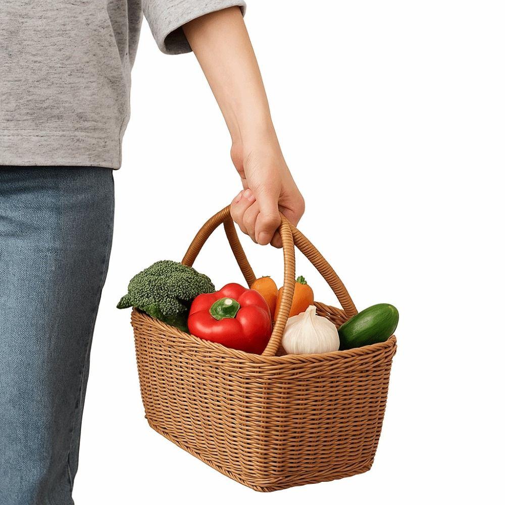 With Handle Picnic Basket Rattan Flower Basket Decorative Woven Basket  Fruit