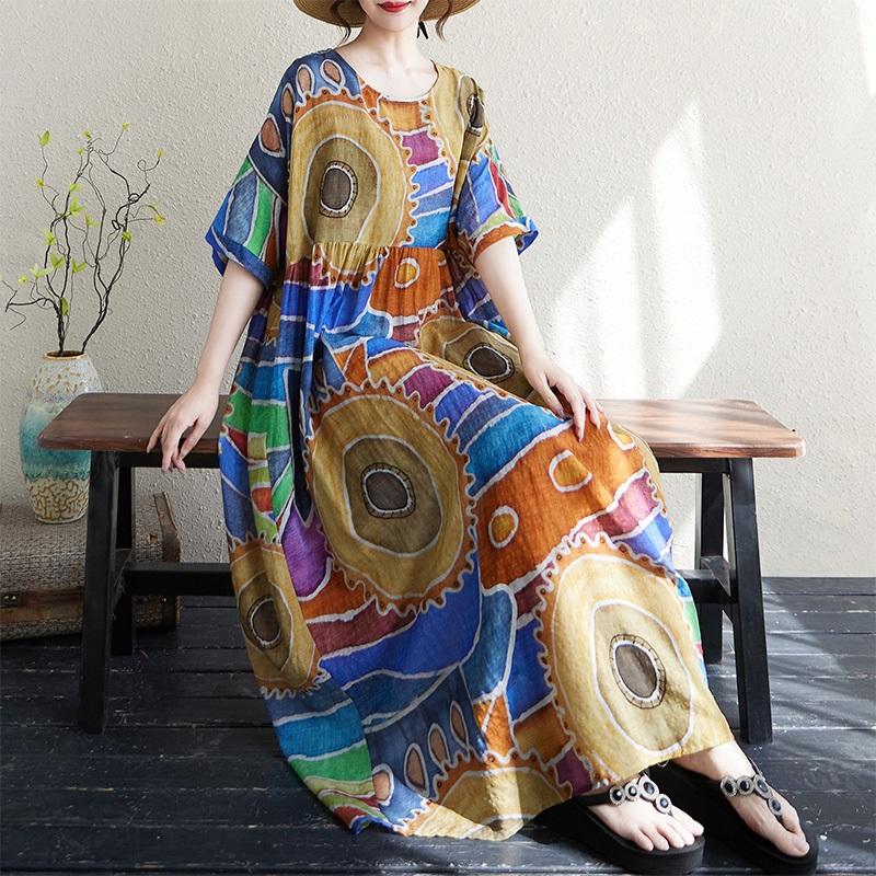 Новое хлопковое винтажное платье с цветочным принтом больших размеров с коротким рукавом для женщин, повседневное свободное длинное летнее платье