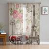 Eiffel Tower Flowers Car Bike Retro Style Butterfly Tulle Sheer Window Curtains Living Room Voile Organza Curtains Drapes