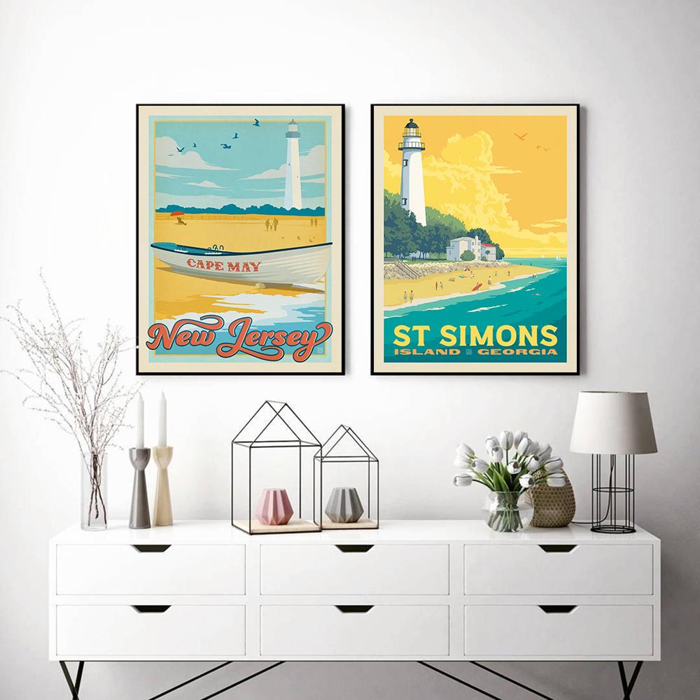 Маяк Морская волна Пейзаж Холст Плакаты Настенная живопись Печать Англия Внешние отмели Остров Сент-Саймонс Живопись Картины Домашний декор Без рамки