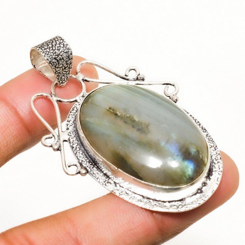 Labradorite Gemstone Handmade 925 Silver Plated Jewelry Pendant 2.08"