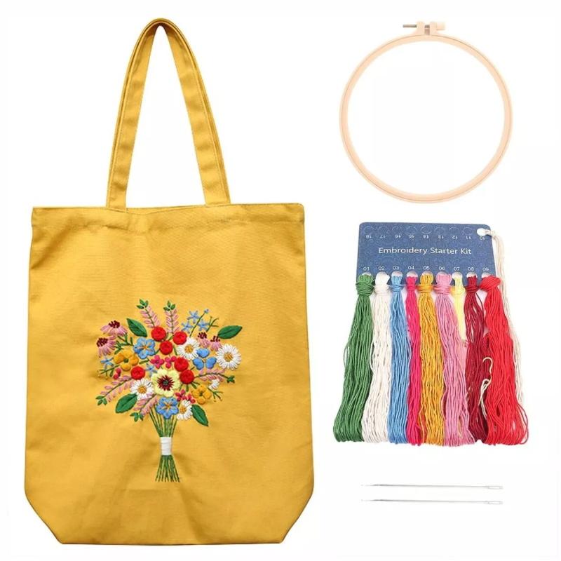 Пяльцы Инструкции по шитью Нитки Набор для вышивания Цветочный узор Холщовая сумка-тоут