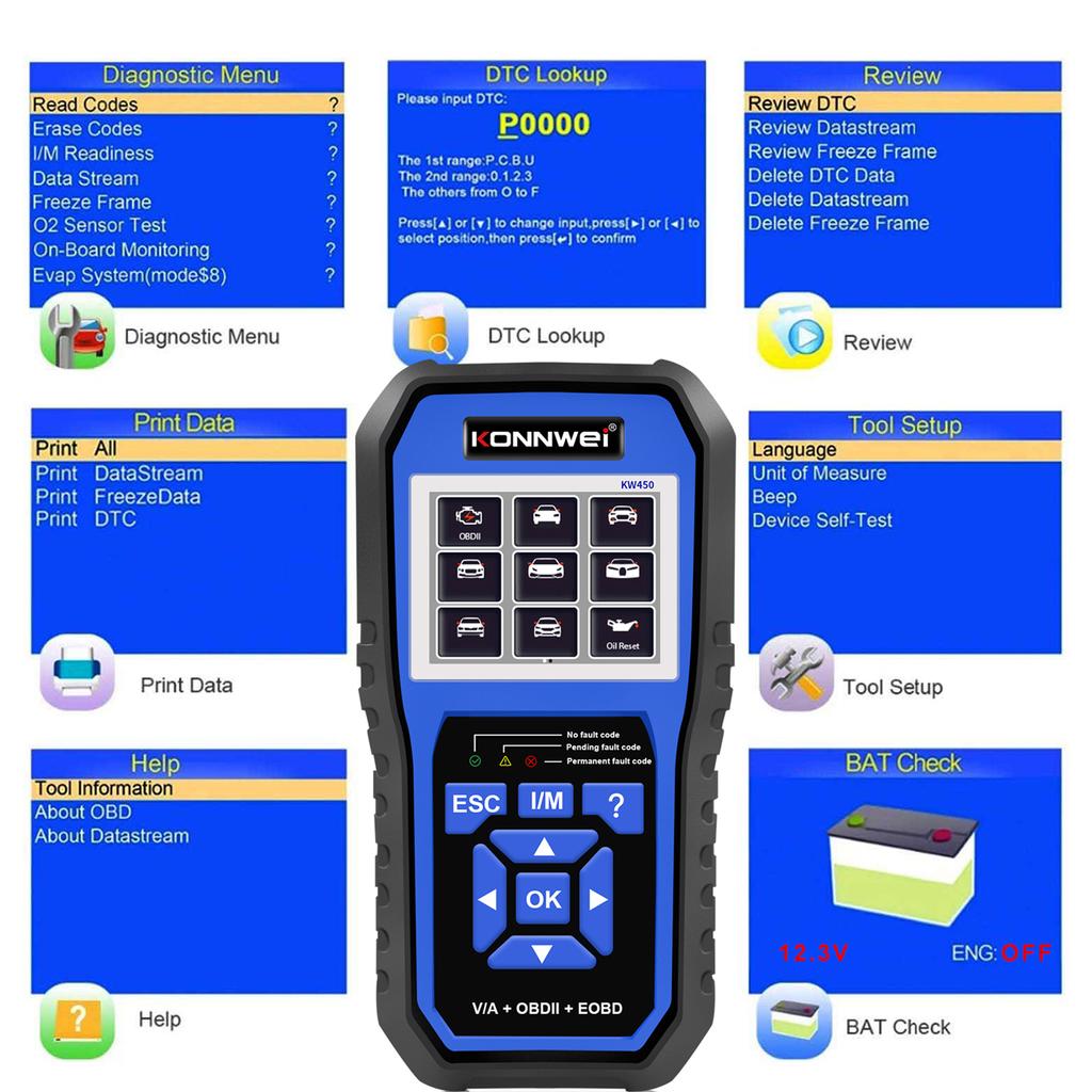 KONNWEI KW450 All System OBD Scanner Diagnostic Tool with 11 Special Function Battery Matching,