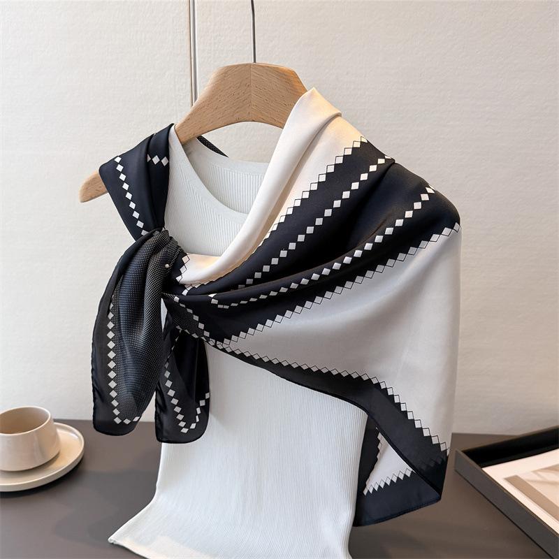 Geometric Simple Color Matching Satin Simulation Silk Printing Large Square Scarf Silk Scarf Shawl Headscarf Neck Protection Scarf