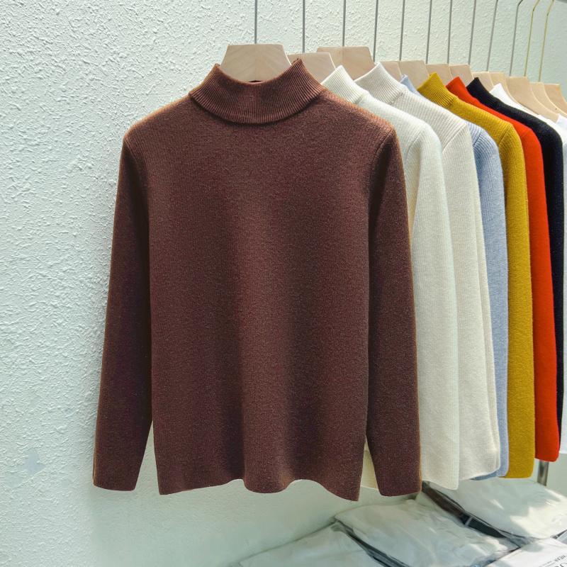 Autumn Warm Velvet Knitted Women's Sweater Casual Winter New Thicken Half High Collar Base Pullover Sweaters Elegant Solid Slim Plush Knitwears 25206