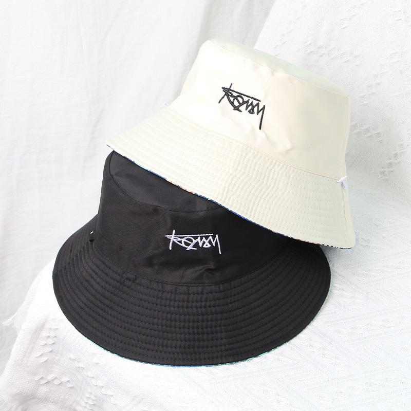 Korean Letters Embroidery Bucket Hat For Women Men Summer Coconut Trees Print Double-Sided Fisherman Cap Wide Brim Sunshade Hats