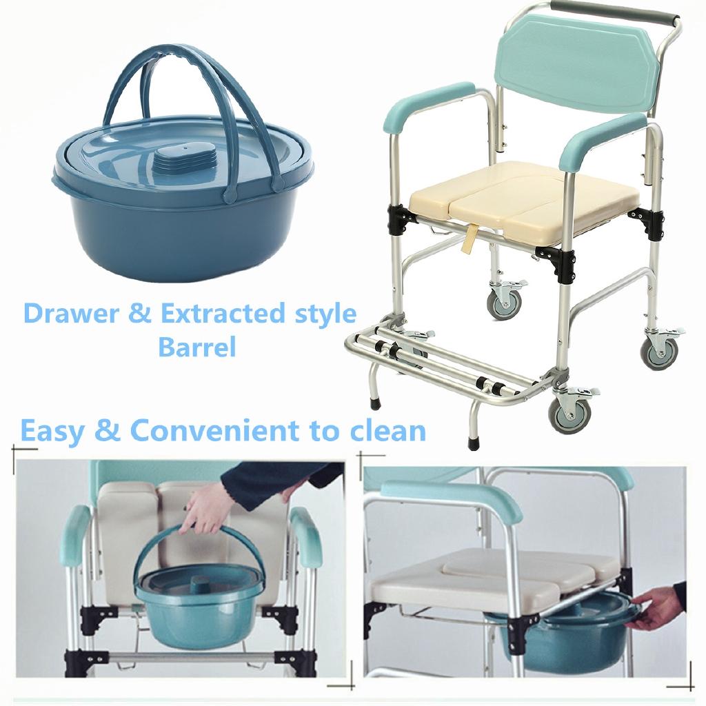 Белый + Синий 3-в-1 Кресло-туалет Инвалидное кресло для пожилых Складное кресло Прикроватный туалет и сиденье для душа Ванная комната Перекатное кресло Алюминиевый сплав