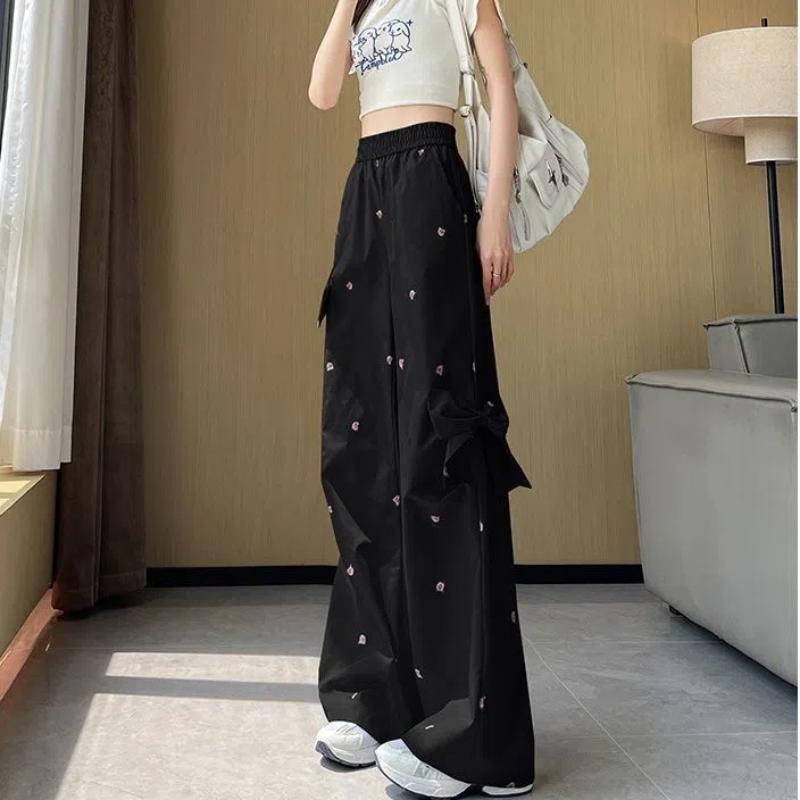 Street Fashion Summer Cargo Pants Women New Elastic High Waist Little Bear Bow Youthful Vitality Casual Loose Wide Leg Trousers