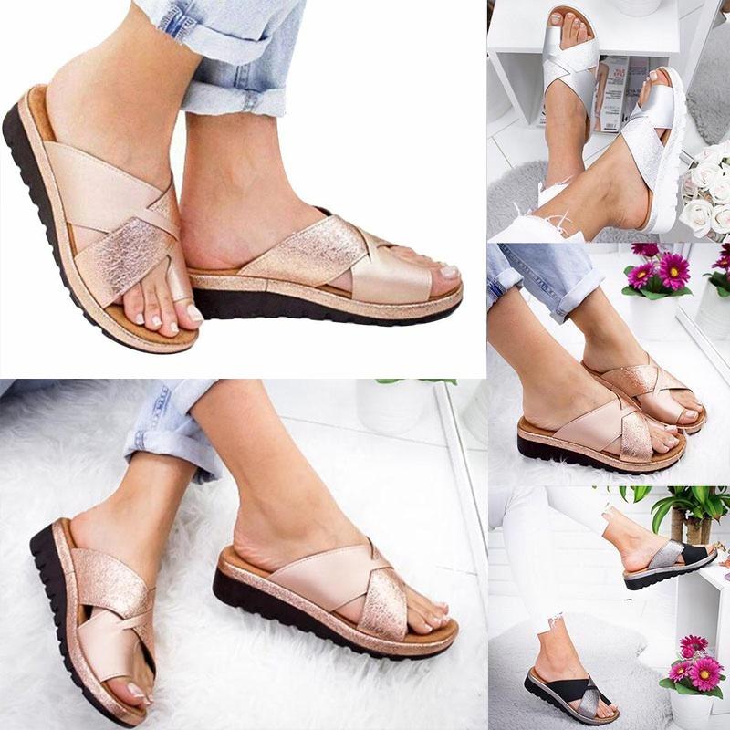Elegant Women Shoes Sandal Comfy Platform Flat Sole Orthopedic Big Toe Foot Pu Leather