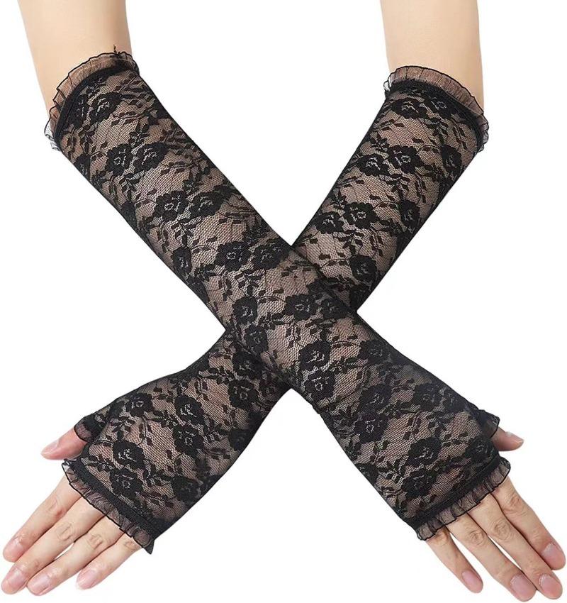 Длинные кружевные перчатки без пальцев с открытыми краями, солнцезащитные рукава, сетчатые кружевные тонкие велосипедные сексуальные аксессуары, черные перчатки с открытыми пальцами