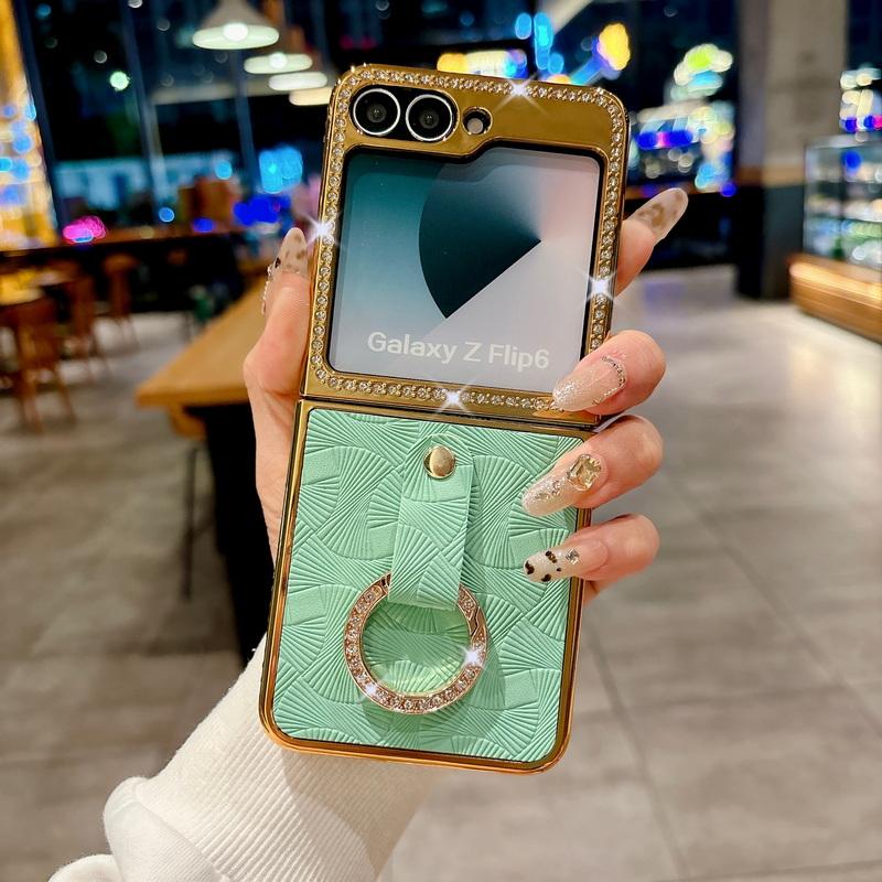 Luxury Solid Color Leather Plating 2pcs Phone Case For Samsung Galaxy Z Flip6 Flip5 Flip4 Flip3 Diamond Frame Shockproof Metal Ring Folding Cover
