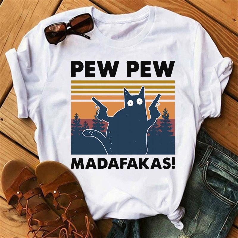 Новая футболка Pew Pew Madafakas Новинка Смешная кошка Винтажная с круглым вырезом Мужская футболка Смешная футболка
