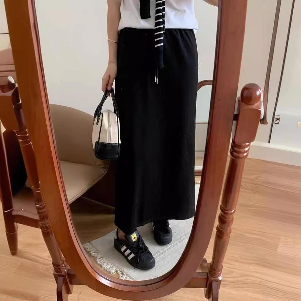 Женская юбка с высокой талией и шнуровкой: Новый стиль весна/осень, повседневное платье А-силуэта с драпировкой, средней длины с разрезом на бедрах.