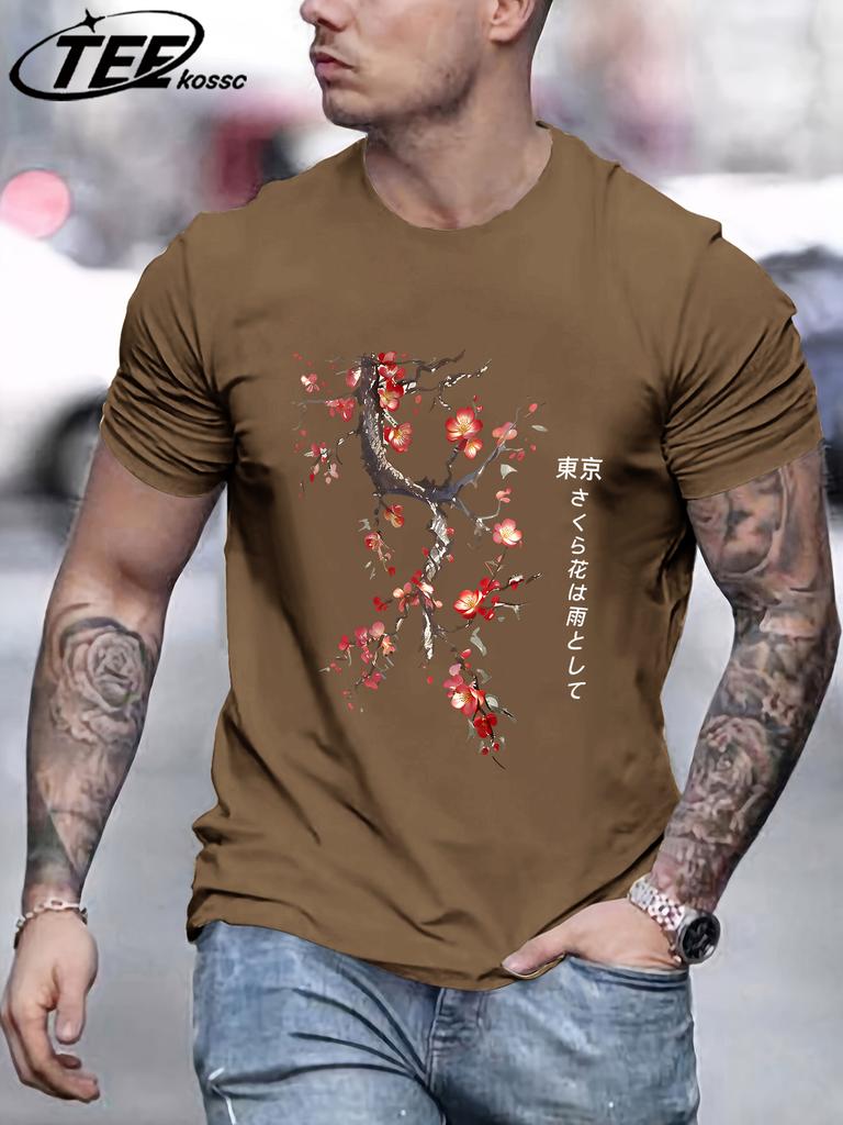 Cherry Blossoms And Rain In Tokyo Mens T Shirts Hip Hop AllMatch Tops Casual Cotton Retro Clothes Male Loose ONeck Streetwear