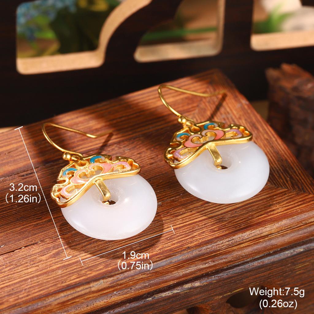 Antique new Chinese style flower fringed pearl earrings Hanfu accessories earrings imitation Hetian jade green agate temperament ear hook