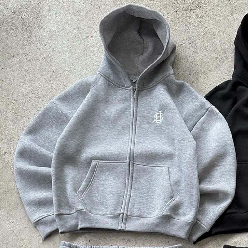 Европейская и американская простая вышивка спортивная мода ретро повседневная молния кардиган толстовка