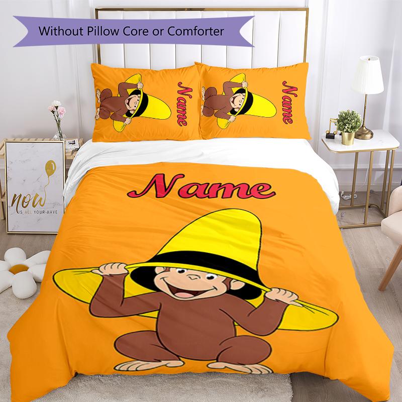 3pcs Custom Name Curious George Bedding Set Duvet Cover Closure Includes 1 Duvet Cover & 2 Pillowcases for All Seasons Bedroom Decor