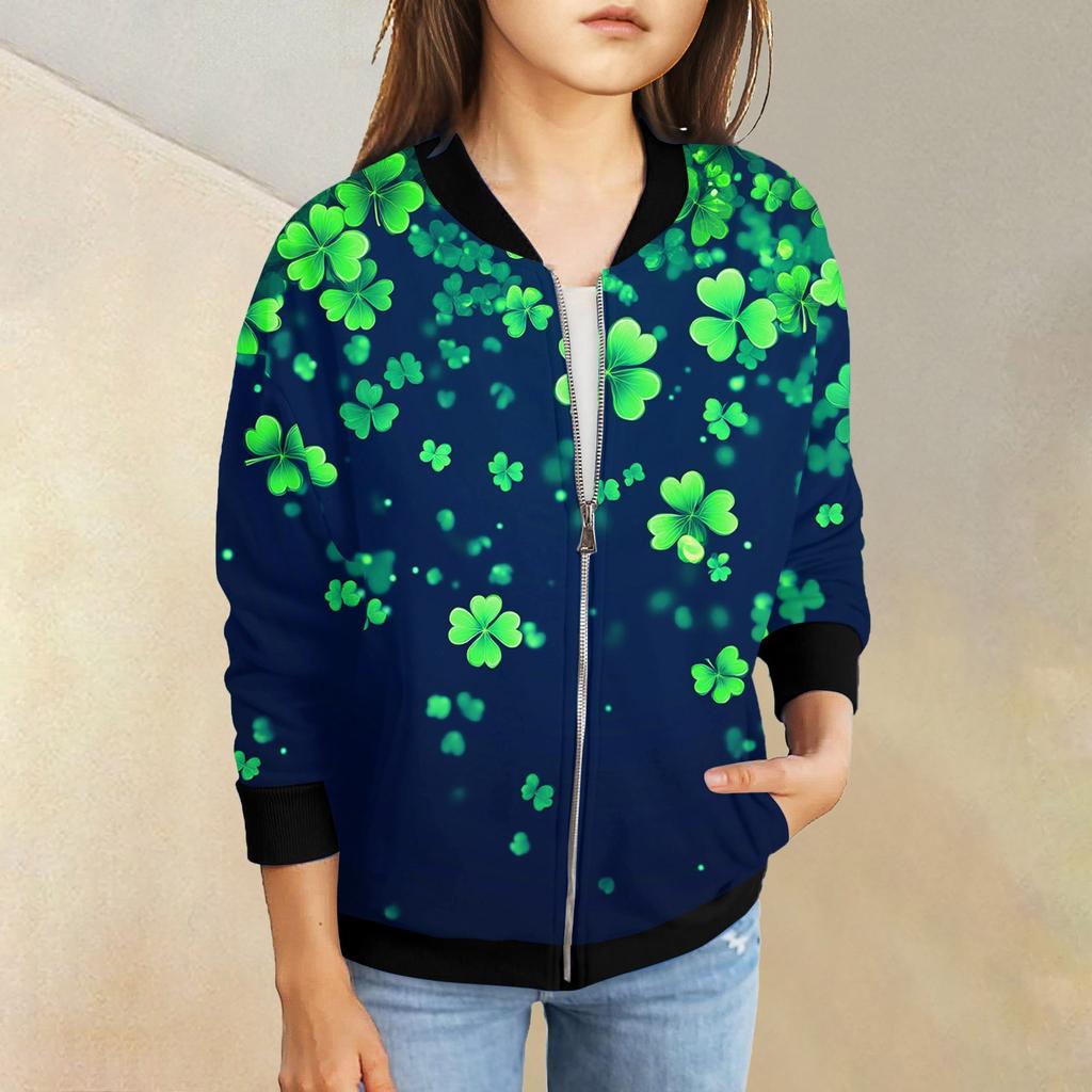 Девочки куртки на молнии детские осенние толстовки с длинным рукавом верхняя одежда с карманами St. День Святого Патрика 5-15 лет
