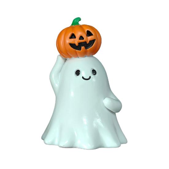 Halloween Ghost Figurine Cute Ghost Holding Heart/Pumpkin Statue Desktop Small Resin Ghost Ornament for Home Office Kitchen Tabletop Decor